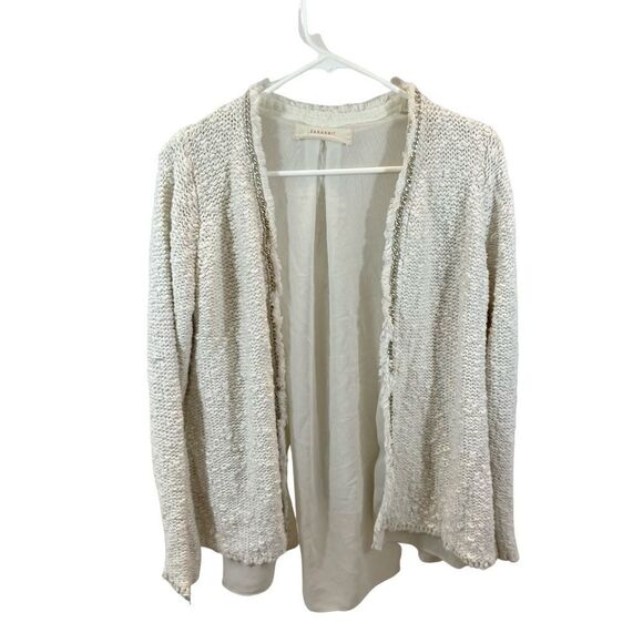 Zara Knit White Open Front Cardigan Sweater with Silver Metal Details Large - Picture 5 of 13